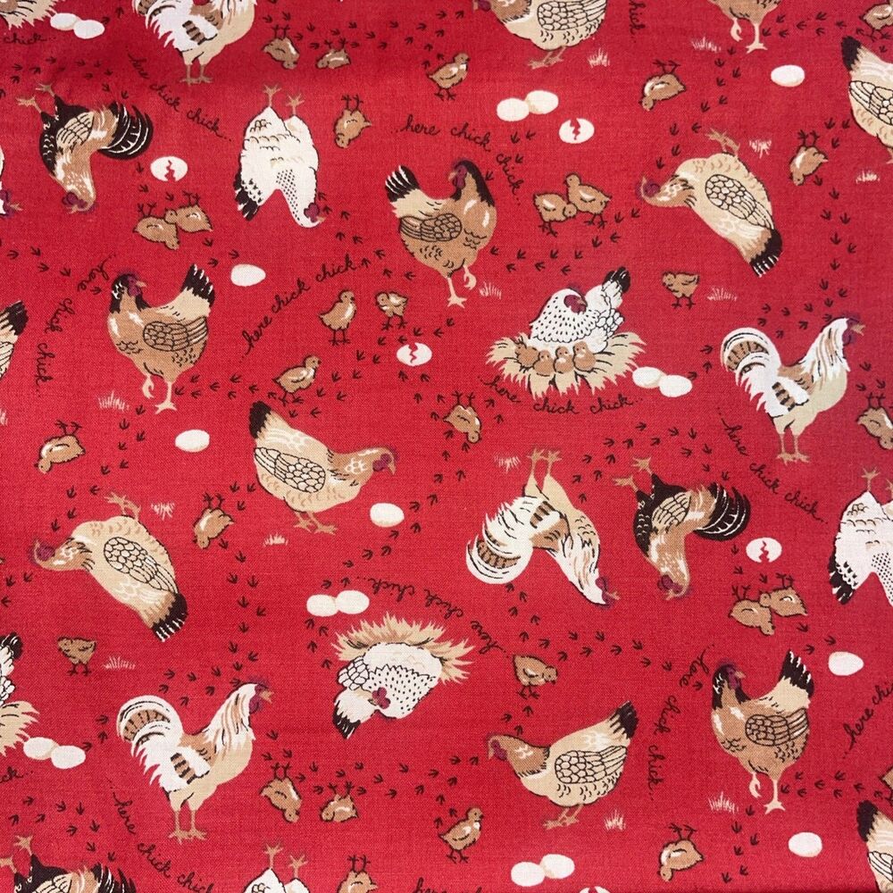 VTG 1993 Fabric Traditions Red Chicken Hens Eggs Farm Chicks Fabric 184”x44” RED